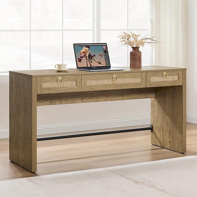 SICOTAS 60" Rattan Computer Desk Writing Table with Storage: Long Home Office Desk with 3 Drawers, Farmhouse Executive Desk Console Table for Living Room, Office (Carbon Cherry, 1 Piece)