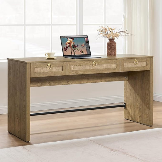 SICOTAS 60" Rattan Computer Desk Writing Table with Storage: Long Home Office Desk with 3 Drawers, Farmhouse Executive Desk Console Table for Living Room, Office (Carbon Cherry, 1 Piece)
