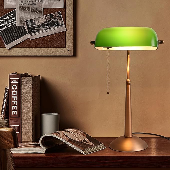 COSYLUX Tall Bankers Lamp, Vintage Sleek Green Glass Table Lamp with Pull Switch, Antique Bronze Metal Bankers Desk Lamp for Office, Study Room, End Table, Bedside (Green)