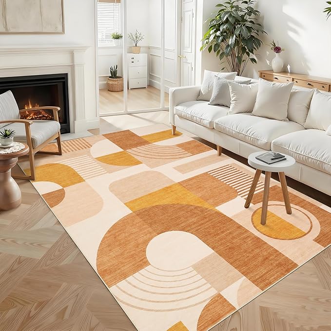 Area Rugs for Living Room, Boho Geometric Washable Rug for Bedroom Entryway Soft Low Pile Non-Slip Indoor Rugs for Dining Room Dorm Girls Playroom, Orange Multi, 5'x7'