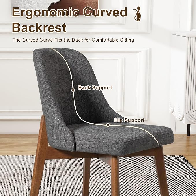 Casaphoria Set of 2 Upholstered Dining Chairs, Dark Grey Fabric Kitchen Chairs with Walnut Wood Legs, Modern Accent Chairs for Dining Room, Living Room or Kitchen