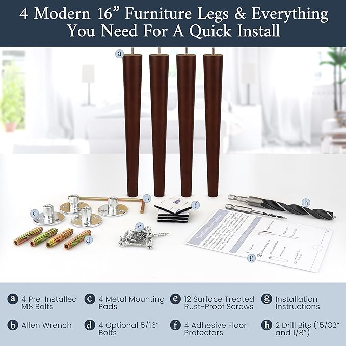 Premium Walnut Wood Furniture Legs (Full Install Kit) - Pick Your Size and Color