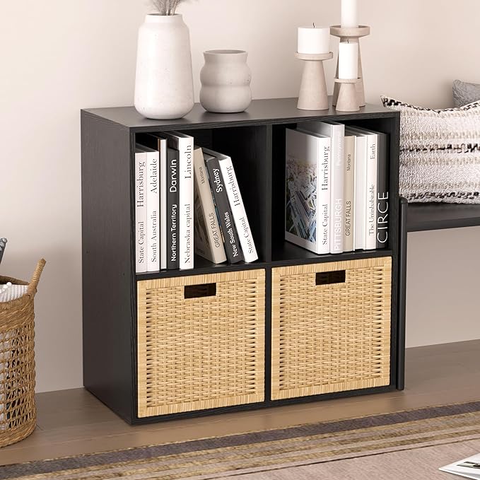 Wooden 4 Cube Storage Organizer with Closed Back Panel,White Cube Shelf Cubby Storage Organizers with Compartments for Living,Bookshelf,Organizers Easy to Install (Black, 4 Cube)