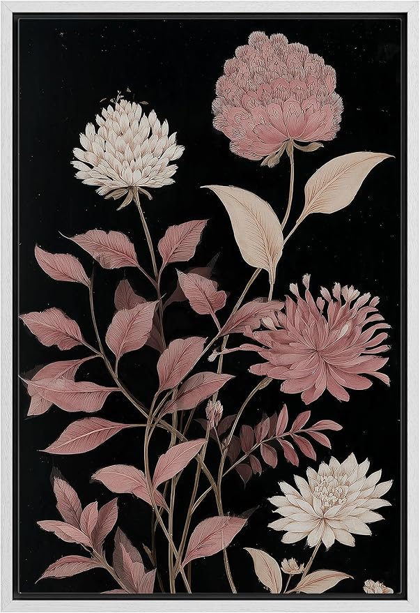 Woodrose Framed Canvas Print Wall Art Soft Pink Floral Arrangement Vintage Style Botanical Illustrations Modern Art Minimalist 3D Colorful Ultra for Living Room, Bedroom, Office - 16"x24" WHITE