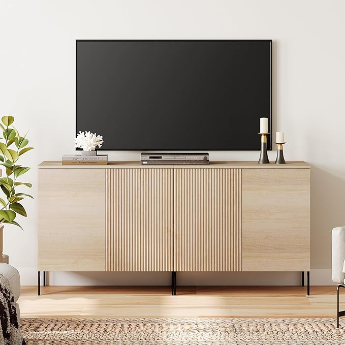 WAMPAT 63" Sideboard Buffet Cabinet with 4 Doors and Adjustable Shelves, Fluted Storage Cabinet, Modern Credenza Coffee Bar Wine Bar Table for Kitchen, Dining Room, Living Room,Beige