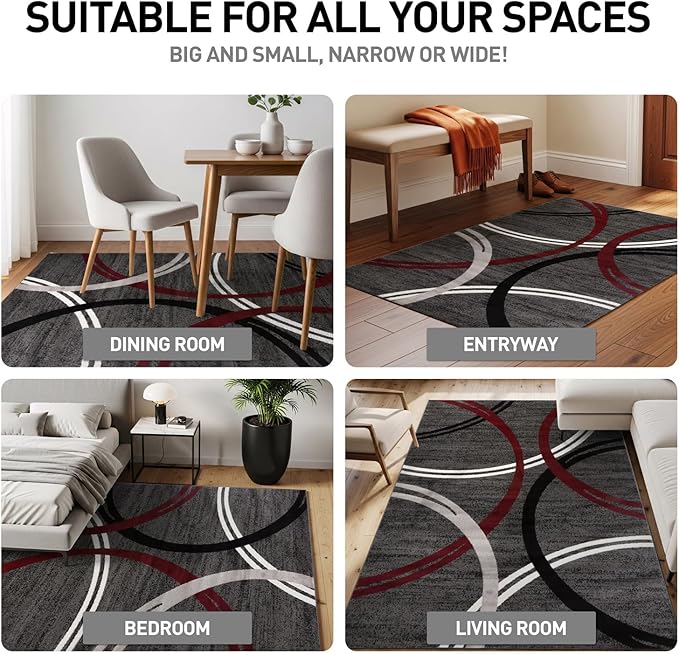 Rugshop Modern Wavy Circles Design Non-Shedding Area Rug, Carpet for Living Room, Dining Room, or Office,Grand Room,Open Spaces Red, 12' x 15'