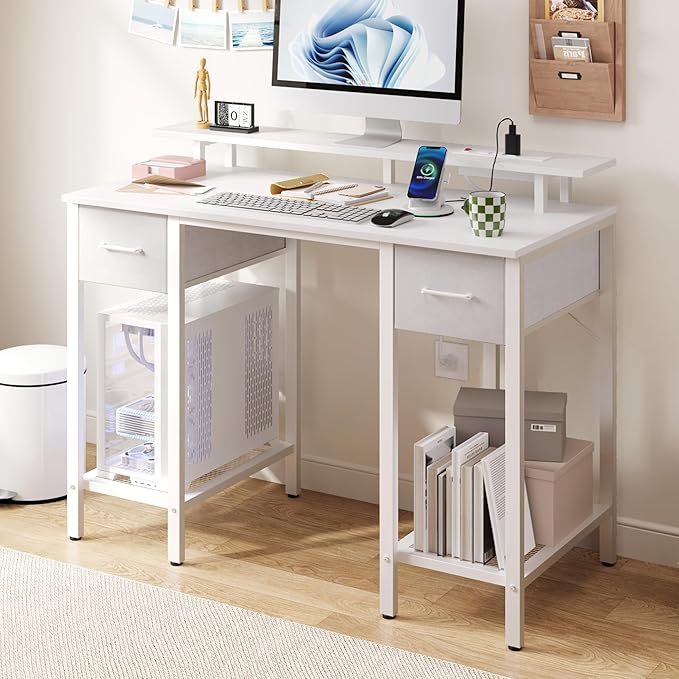 Furnify White Computer Desk with Drawers, 42 Inch Home Office Desk Study Writing Table, Gaming Desk with USB Power Outlets, Office Desk with Fabric Drawer, Work Table with Shelf for Bedroom, White