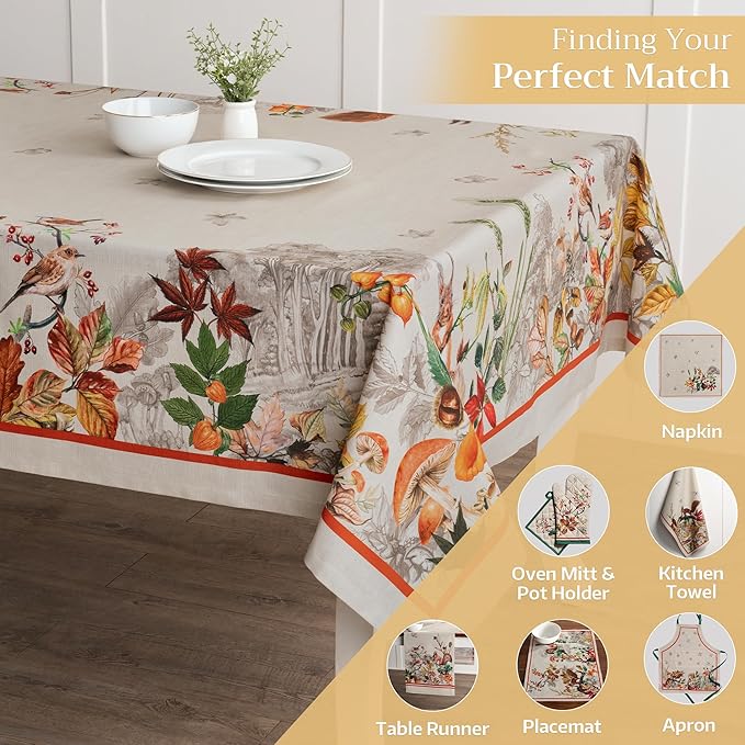 Maison d' Hermine Table Cloth Rectangle Table 100% Cotton 60 x 108 Inches Fall Tablecloth Reusable Everyday Use for Thanksgiving Christmas Decorations Dining Farmhouse Party (Recolte)