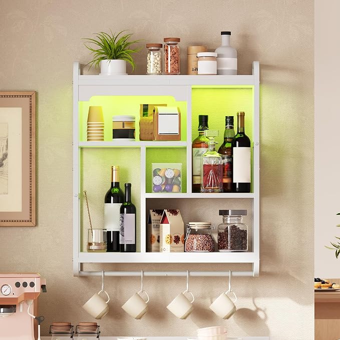 HOOBRO Gaming Floating Shelves with LED Lights, 26.4" LED Wall Mounted Shelf, Modern Corner Shelf 3-Tier Display Rack for Wall Storage, Arched Design, for Kitchen, Living Room, Study, White WT44DBJ01