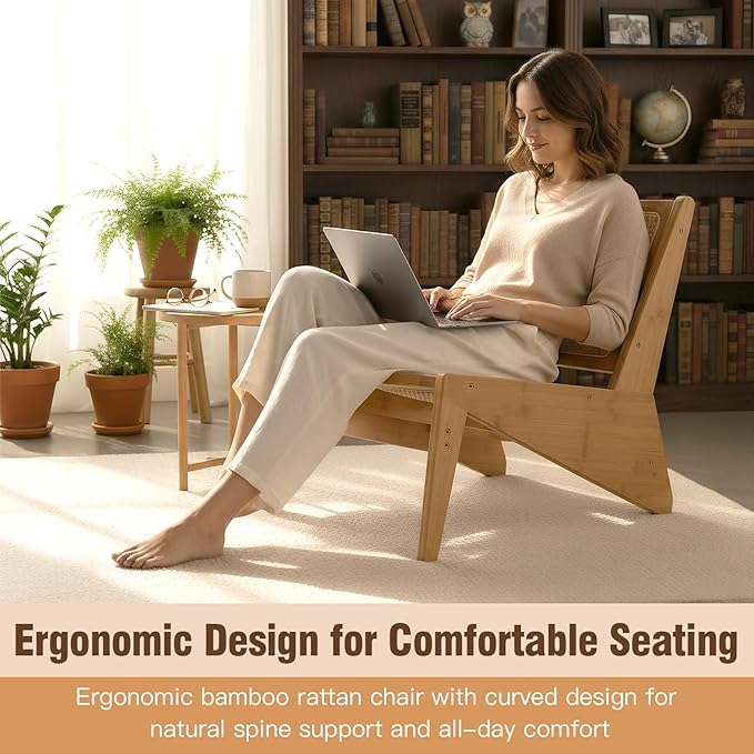 Welnow 2-Pcs Mid Century Rattan Accent Chair, Bamboo Wood Lounge Chair with Woven Cane Backrest, Low Armchair for Living Room, Bedroom, Balcony or Reading Corner, Natural