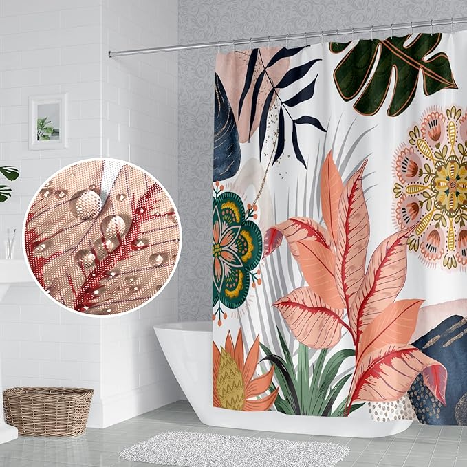 Abstract Mid Century Bathroom Shower Curtain - Colorful Boho Tropical Leaves With Hooks, Polyester Waterproof Fabric for Home Bathtub Decor, 65x72 Inch