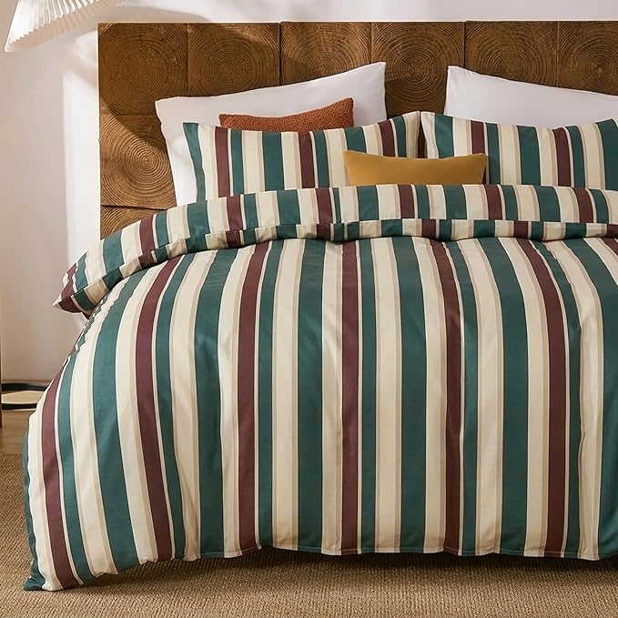 Merryword 100% Cotton Duvet Cover Set Queen Size - Vintage Green Cabana Striped Bedding Set with Zipper & Corner Ties, 3-Piece Luxury & Silky Soft Bedding Set for All Seasons