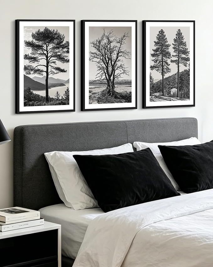 KUVIOKE Vintage Tree Framed Canvas Wall Art Black and White Retro Antique Forest Drawings Nature Wilderness Sketch Wall Painting Modern Decor 16x24in (Black Framed)