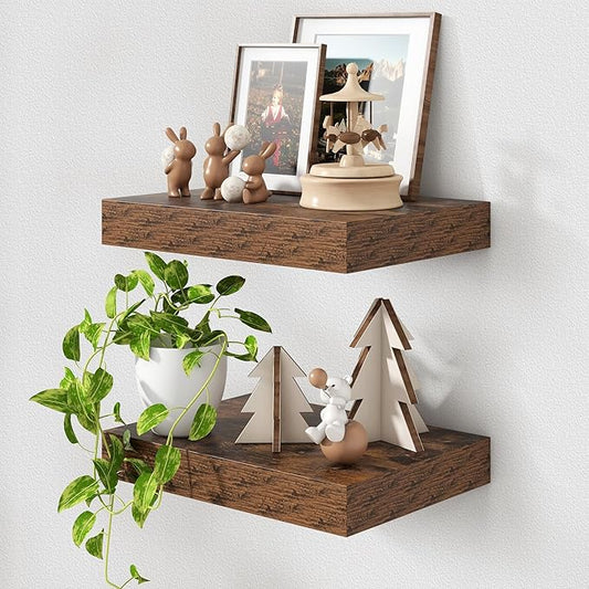 12 Inch Deep Floating Shelves | 16 Inch Brown Floating Shelves Set of 2 | 16W x 12D Rustic Shelves for Wall | Deep Wood Shelves for Living Room Bathroom Kitchen Bedroom