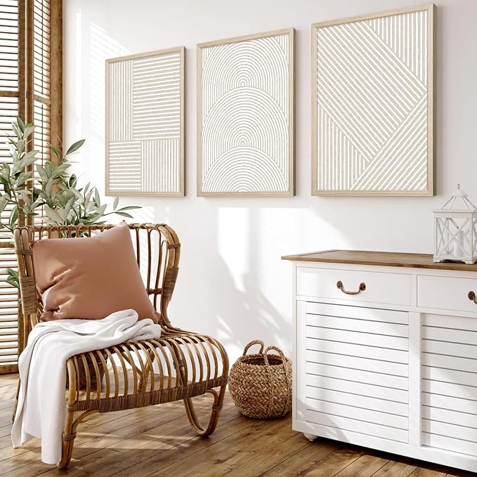 Beige Abstract Wall Art Pictures Set of 3 Boho Modern Canvas Wall Decor Neutral Line Wall Art Minimalist Art Abstract Beige Prints Painting Modern Artwork for Living Room Bedroom 16x24 Inch FRAMED