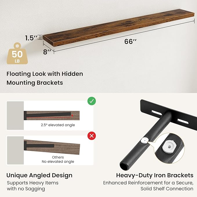Fun Memories Floating Shelves for Wall, Rustic Wood Wall Mounted Shelves for Bathroom, Bedroom, Living Room and Kitchen, Storage & Home Decor (Set of 2, Brown, 66 in)