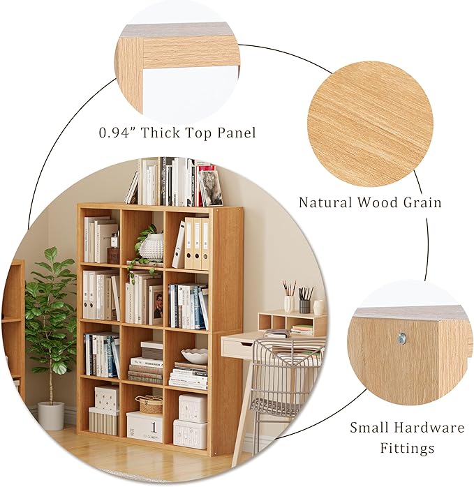 VDNEND Cube Storage Organizer Bookcase, Decorative 11 inch Open Back Cubical Shelf with Thickened Border, Display Bookshelf for Living Room, Home Office, Sturdy Room (Natural Oak, 12 Cube)