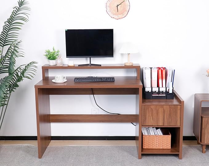 60 Inch Executive Desk with Drawer, Farmhouse Home Office Desk with Printer Shelf, Mid Century Modern Walnut Computer Desk Work Table, Monitor Shelf, Charging Station, for Study, Living Room, Brown