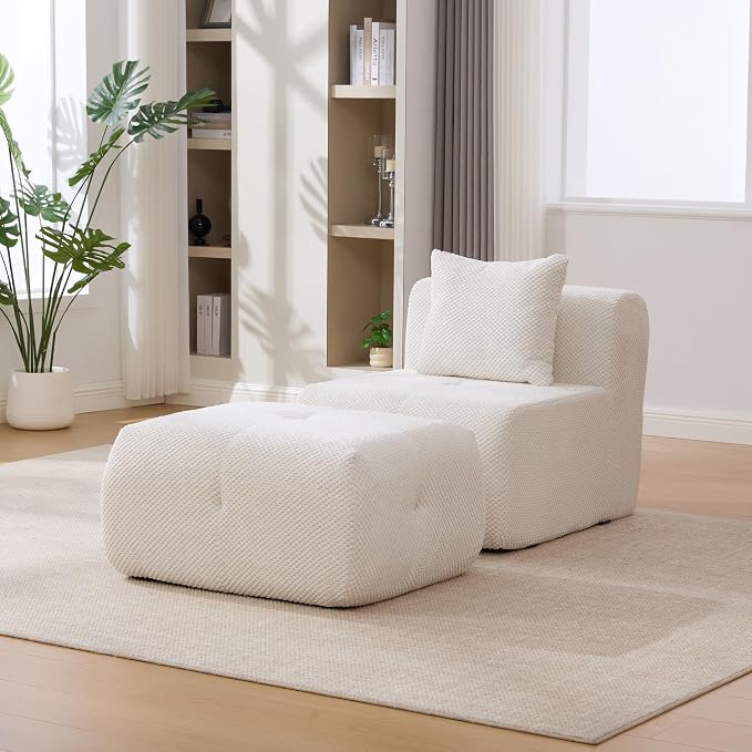 31" Minimalist Style Armless Accent Chair with Ottoman,Modern Boneless Deep Seat Single Sofa with Pillow,Comfortable Chaise Lounge,No Assembly Required for Apartment,Living Room,Bedroom,Ivory