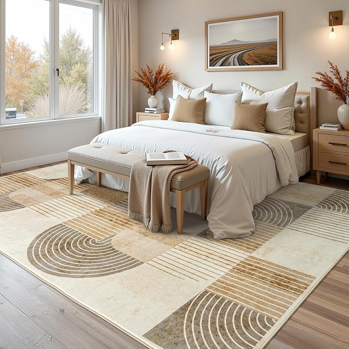 Area Rugs 5x7 Living Room -Washable Modern Geometric Neutral Beige Rug for Bedroom, Soft Non-Slip Indoor Floor Abstract Carpet for Dining Room Nursery Office