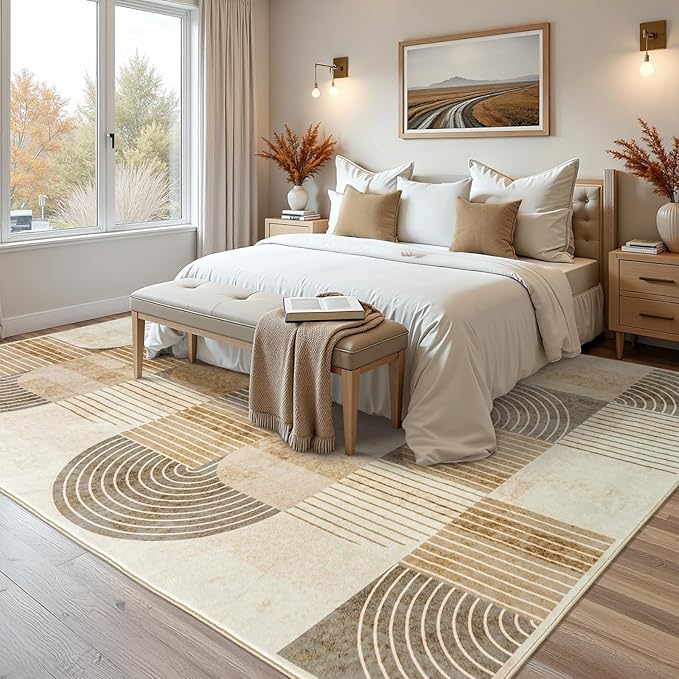 Living Room Area Rugs 6x9 - Large Washable Modern Rug for Bedroom, Non-Slip Geometric Abstract Carpet Indoor Floor Neutral Beige Mat for Dining Room Nursery Office