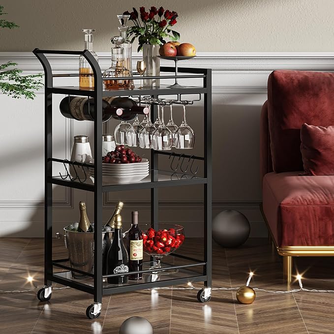 TUTOTAK Bar Cart, Home Bar Serving Cart with 3-Tier Mirrored Shelf, Mobile Kitchen Shelf, Rolling Beverage Cart, Black BC01BK034
