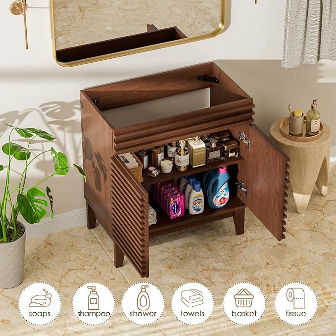 ROOMTEC 30" Bathroom Vanity, Mid-Century Freestanding Bathroom Vanity Cabinet with Storage, Particleboard Frame with Wood Grain Laminate, Walnut (Sink Basin Not Included)