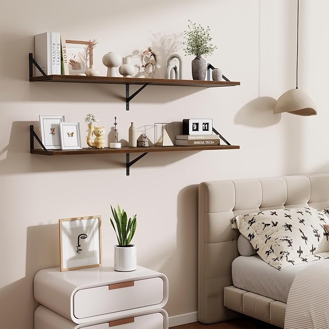 48inch Floating Shelves for Wall,10" Deep Floating Shelves with Metal Brackets,Wall Mounted Hanging Floating Shelf,Wide Display Shelves for Living Room,Bedroom,Office,Kitchen,Walnut