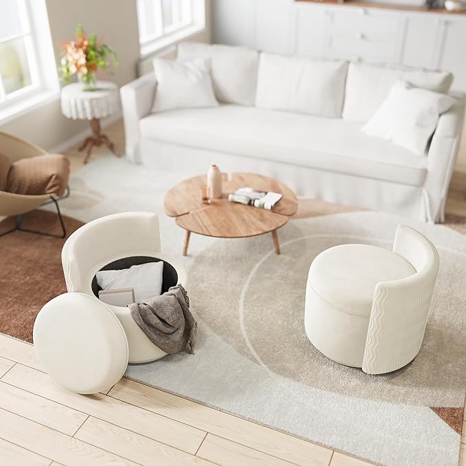 360° Swivel Accent Chair with Storage, Vanity Stool with Back, Velvet Storage Ottoman, Upholstered Round Barrel Vanity Chair for Living Room, Makeup Room, Bedroom (Off White)