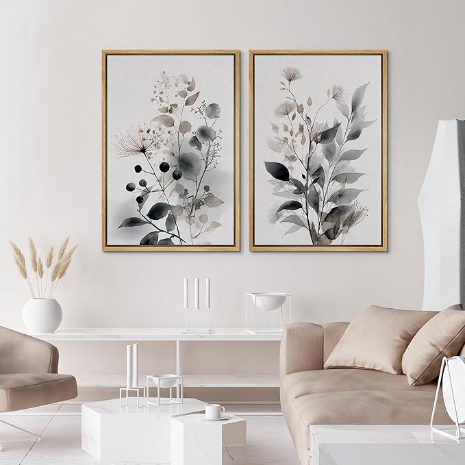 IDEA4WALL Framed Canvas Print Wall Art Set Neutral Botanical Watercolor Monochrome Leaves and Flowers Illustrations Modern Art Decorative Calm/Zen for Living Room, Bedroom, Office - 24"x36"x2 Natural