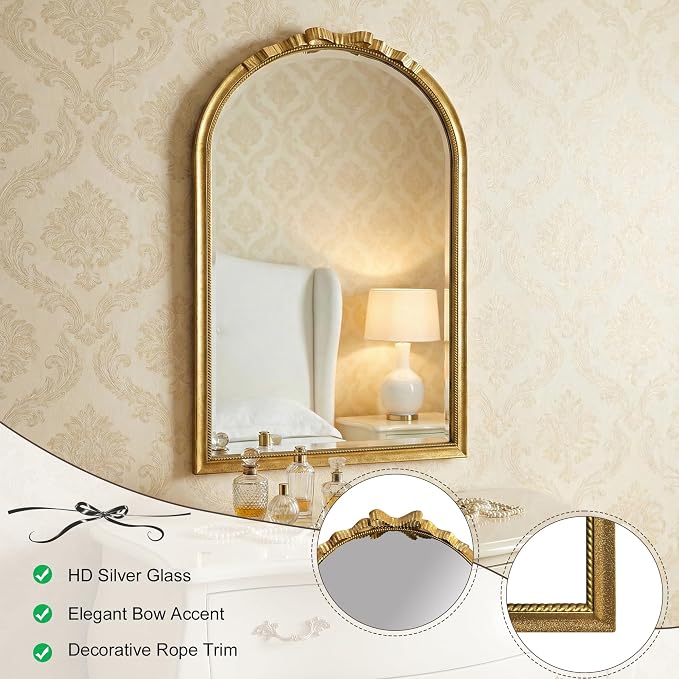Gold Arched Bow Mirror - Modern Wall Mounted Large Beaded Mirror : 24"x39" Large Matt Gold Antique Wall Decor - Clean Ornate for Entryway/Fireplace/Bathroom/Hallway