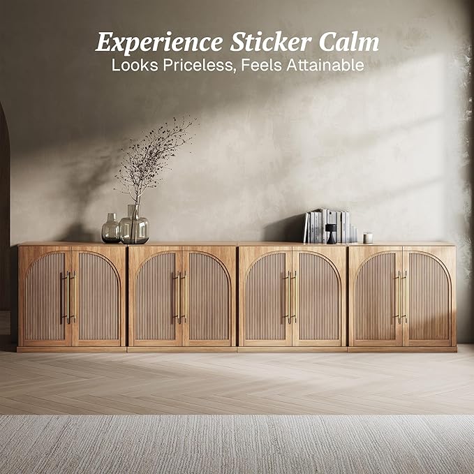 BELLEZE Set of 4 Modular Sideboard with Double-Arc Wood Doors, 130'' Arched Buffet Cabinet with Storage and Adjustable Shelves, Classic Modern Credenza for Dining Room Living Room Entryway(Camel)