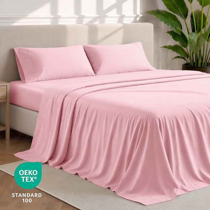Bare Home Full XL Sheet Set - 1800 Ultra-Soft Microfiber Full Extra Long Bed Sheets - Double Brushed - Deep Pockets - Easy Fit - 4 Piece Set - Bedding Sheets & Pillowcases (Full XL, Light Pink)