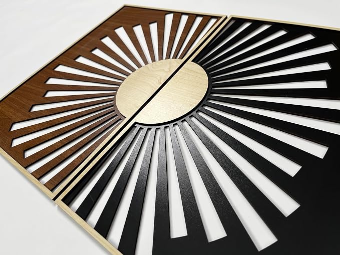 Boho Sun Wood Wall Art Set of 2, Mid Century Modern Sunburst Wall Decor, Celestial Wooden Diptych Panels, Geometric New House Gift for Living Room and Bedroom