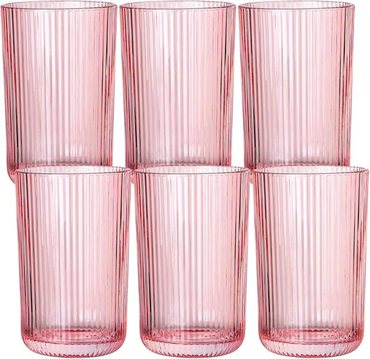 Pink Ribbed Highball Glasses Set of 6, 13.2oz Pink Colored Glassware, Drinking Glasses for Water, Juice, Iced Coffee, Cocktails, Pink Glass Cups, Housewarming Christmas Gift