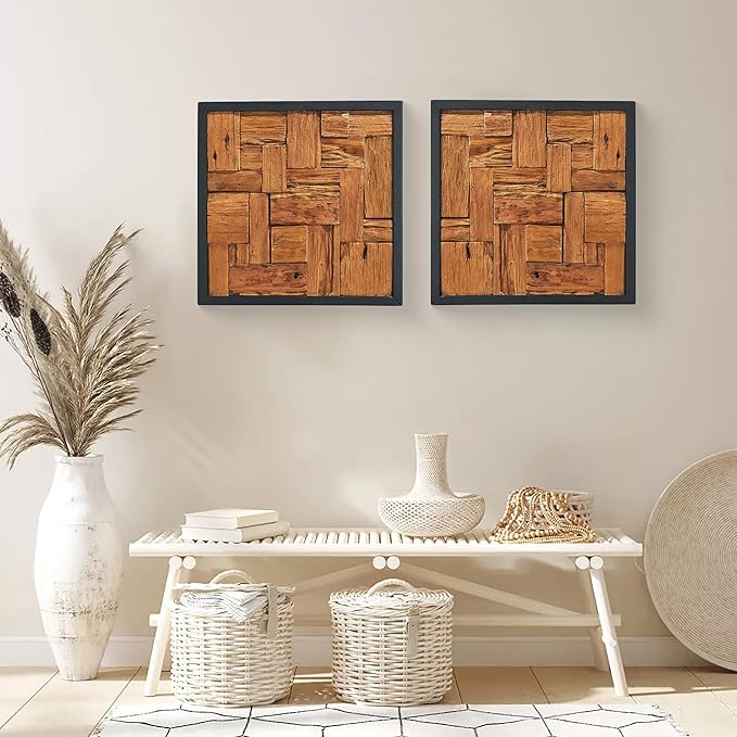Greenage Reclaimed Teak Wood Wall Decor 17"x17" Farmhouse Square Wall Art Rustic Wooden Wall Hanging Decoration Rectangular Geometric Framed Wall Panel Shape for Home Living Room Bedroom