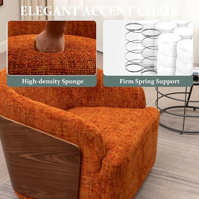 Swivel Accent Chair Linen Swivel Barrel Chair Comfortable Mid Century Modern Chair Upholstered Metal Base Armchair for Living Room Bedroom Office Large Vintage Orange