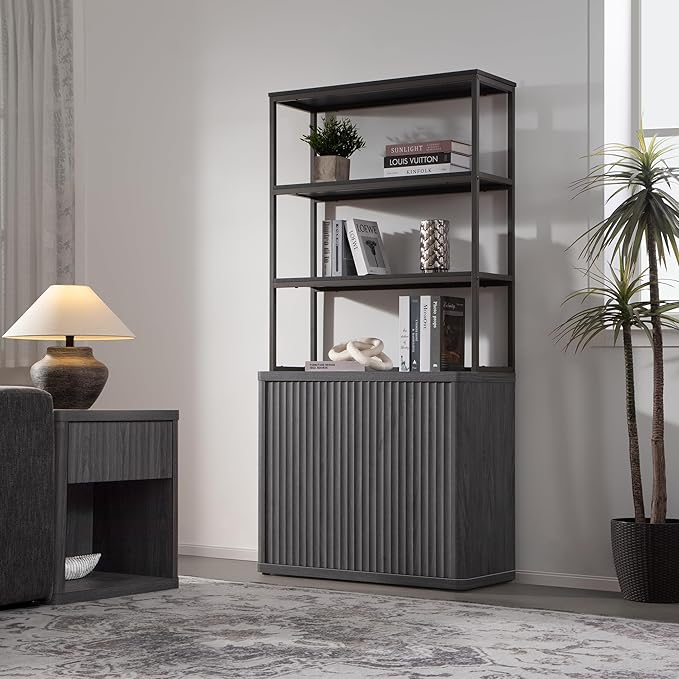 SICOTAS Book Shelf Fluted Bookshelf 71" Tall Bookcase with Doors Storage 5 Tier Mid Century Modern Bookshelves Large Shelves Metal Book Cases for Living Room Office Bedroom Kitchen Library