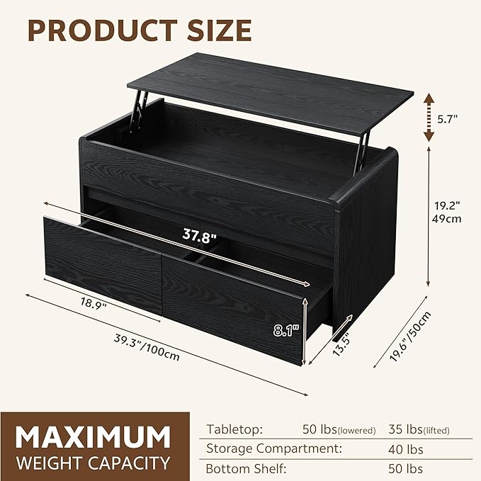 Coffee Table Lift Top, 40 Inch Multi-Function Coffee Table with 2 Drawers, Hidden Compartment, Curved Profile Design, Converts to Home Office Table, Dining Table for Living Room, Black