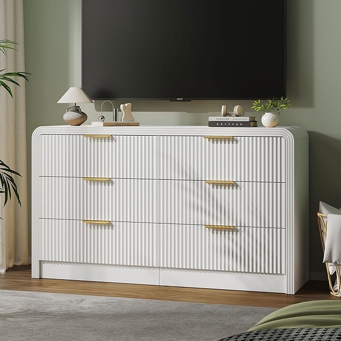 Fluted 6 Drawers Dresser for Bedroom, 55 Inch Wood Dressers with Gold Handles, Modern Dressers with Wave Texture, Large Storage Chest of Drawers, Bedroom Dresser Organizer (Pure White)