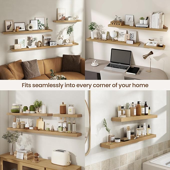 24 Inch Floating Shelves for Wall 2 Pack, 24" Wall Shelves for Books, Storage, Decor, Wall Mounted Floating Shelf with Invisible Brackets for Kitchen, Living Room, Light Brown