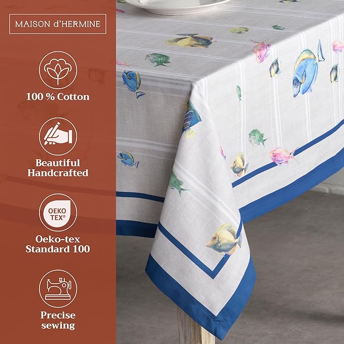 Maison d' Hermine Table Cloth Rectangle Table 100% Cotton 54 x 72 Inches Tablecloth Reusable Decorative for Dining Room Farmhouse Home Valentines Day Decorations Spring Summer - Poisson