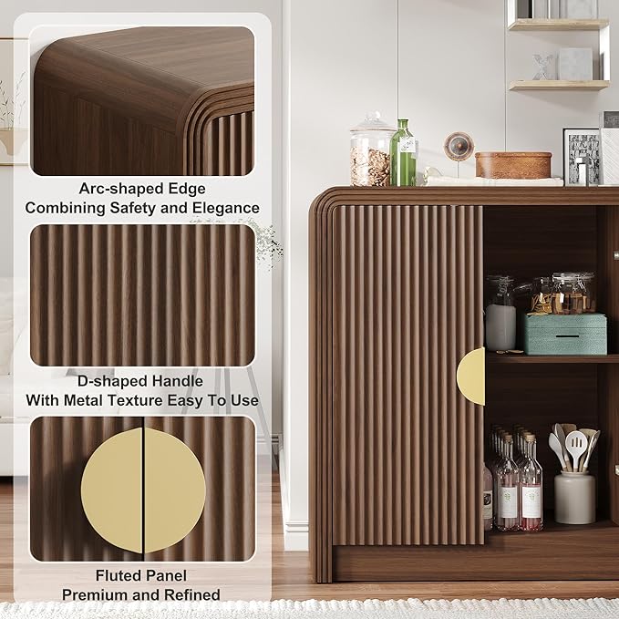 Decofy 55" Fluted Buffet Sideboard Cabinet, Modern Mid Century Console Cabinet with Adjustable Shelves & Wavy Grain Doors for Kitchen Cabinet Storage,Living Room,Entryway,Coffee Bar Cabinet (Walnut)