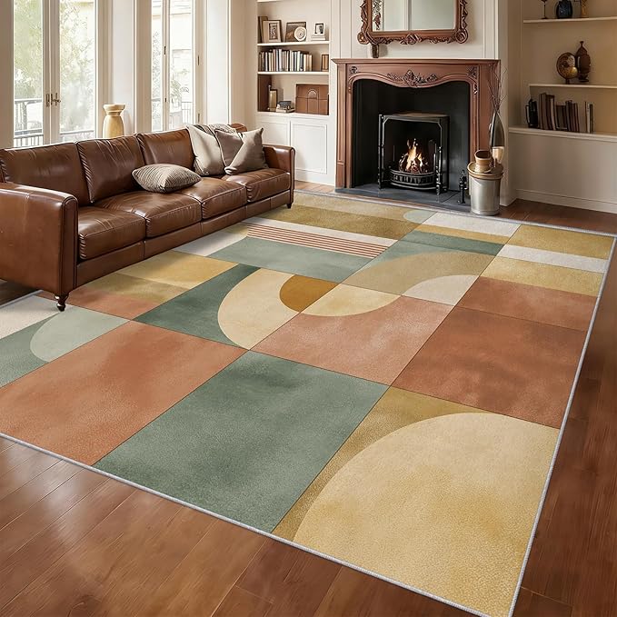 4x4 Mid Century Modern Rugs for Bedroom Decor, Washable Abstract Geometric Pattern Area Rug, Living Room Home Decoration, Non Slip Soft Thin, Mid Century Decor Carpet PF-P 117