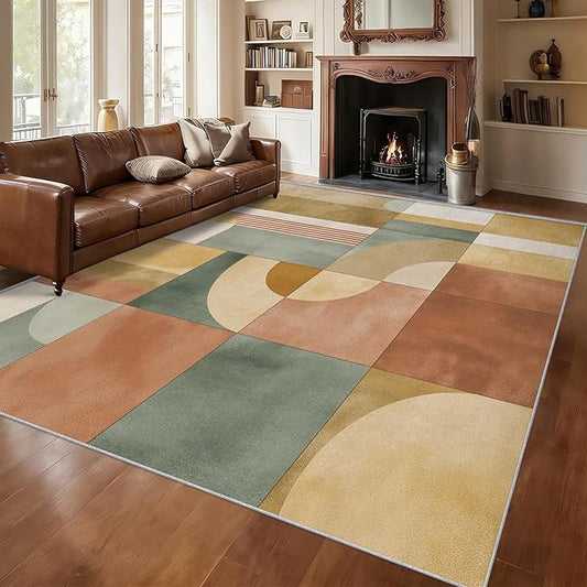8x10 Mid Century Modern Rugs for Bedroom Decor, Washable Abstract Geometric Pattern Area Rug, Living Room Home Decoration, Non Slip Soft Thin, Mid Century Decor Large Carpet PF-P 117