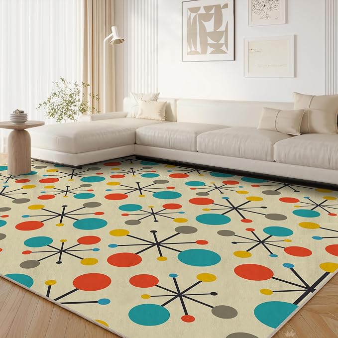Retro Area Rug for Living Room Bedroom Dining Room 3‘x5’, Mid Century Modern Atomic Living Room Rug Non-Slip, Yellow Floor Rug Carpet Machine Washable