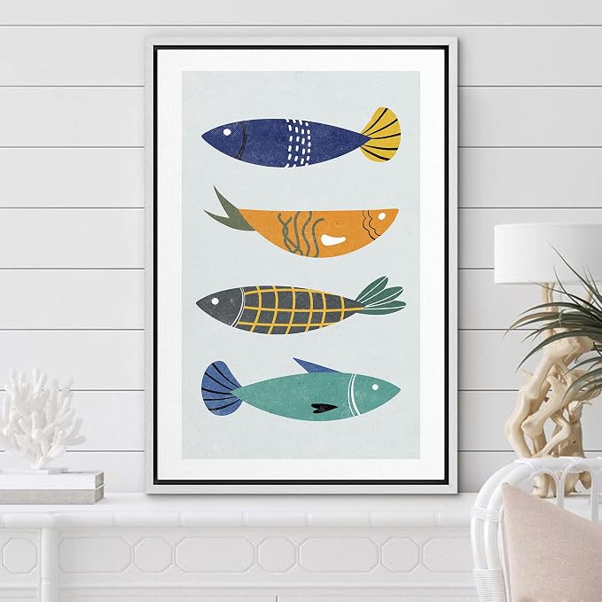 Woodrose Framed Canvas Print Wall Art Retro Pattern Vintage Fish Variety Animals Shapes Illustrations Modern Minimalist Chic Relax/Calm Multicolor for Living Room, Bedroom, Office - 16"x24" White