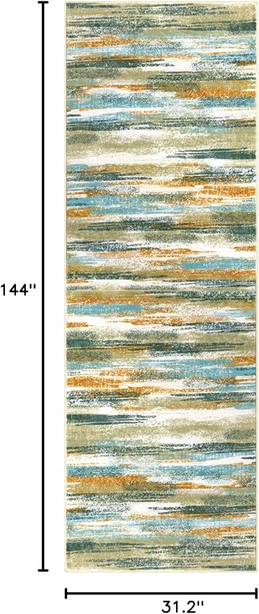 Lansny Modern Abstract Runner Rug 2.6x12, Green Mustard Multi Washable Long Kitchen Runner Non-Slip Soft Hallway Rug Runner Thin Print Faux Wool Carpet for Entryway Bedroom Laundry Room Indoor