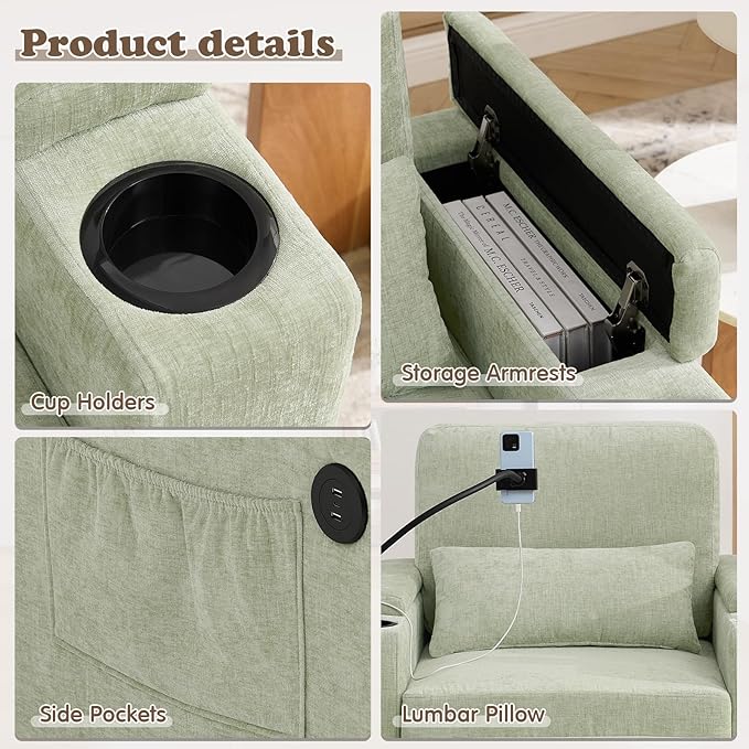 Small Chaise Lounge Chair Indoor with Ottoman&Adjustable Backrest,Chenille Tufted Recliner Comfy Sofa Chair with USB,Phone Holder&Storage Arms,Convertible Sleeper Couch Bed for Living Room(37"W,Cyan)