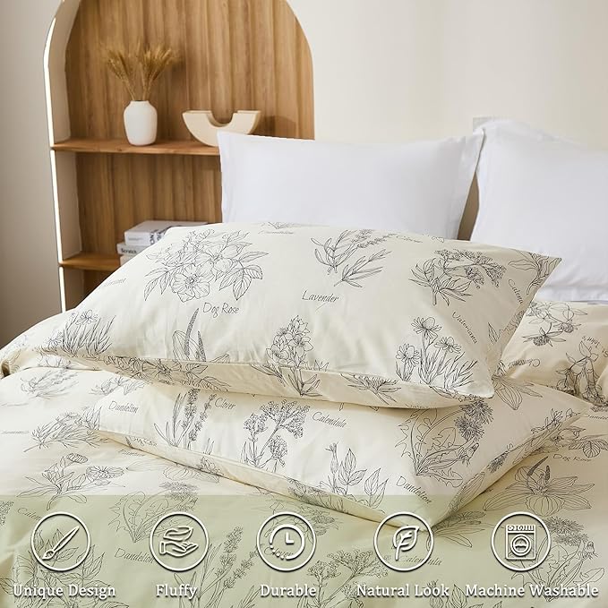 Cozeline 100% Cotton Duvet Cover Queen Size, Vintage Design with Luxrious Black Sketched Flowers & Leaves on Cream, 3 Pcs Breathable and Soft Duvet Cover for All Season